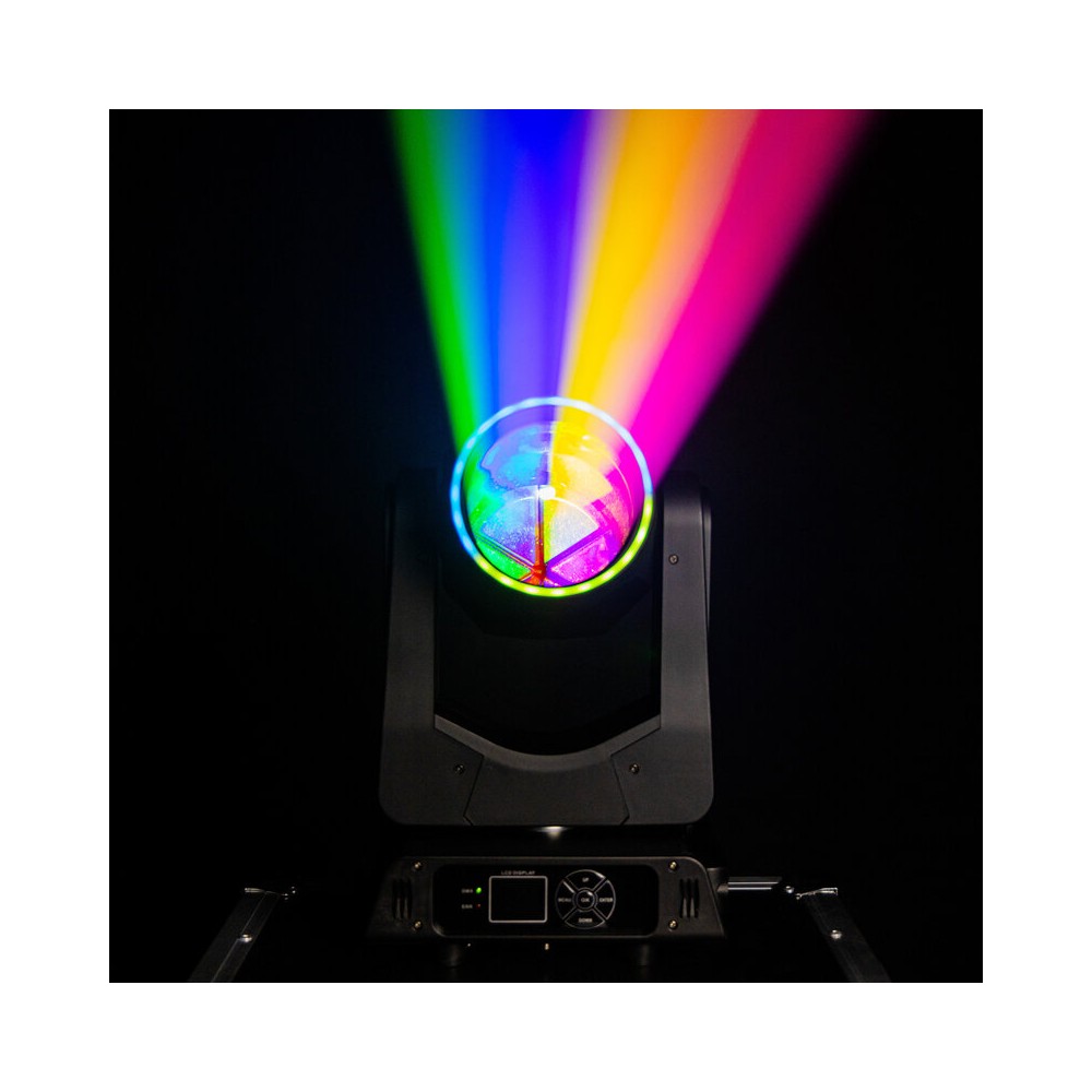 Mac Mah 2 x 200 W LED Beam moving heads, 2.5° beam, 13 Gobos, 11 colors, 12 + 6 facet prism, RGB halo LEDs, 14-channel DMX cont