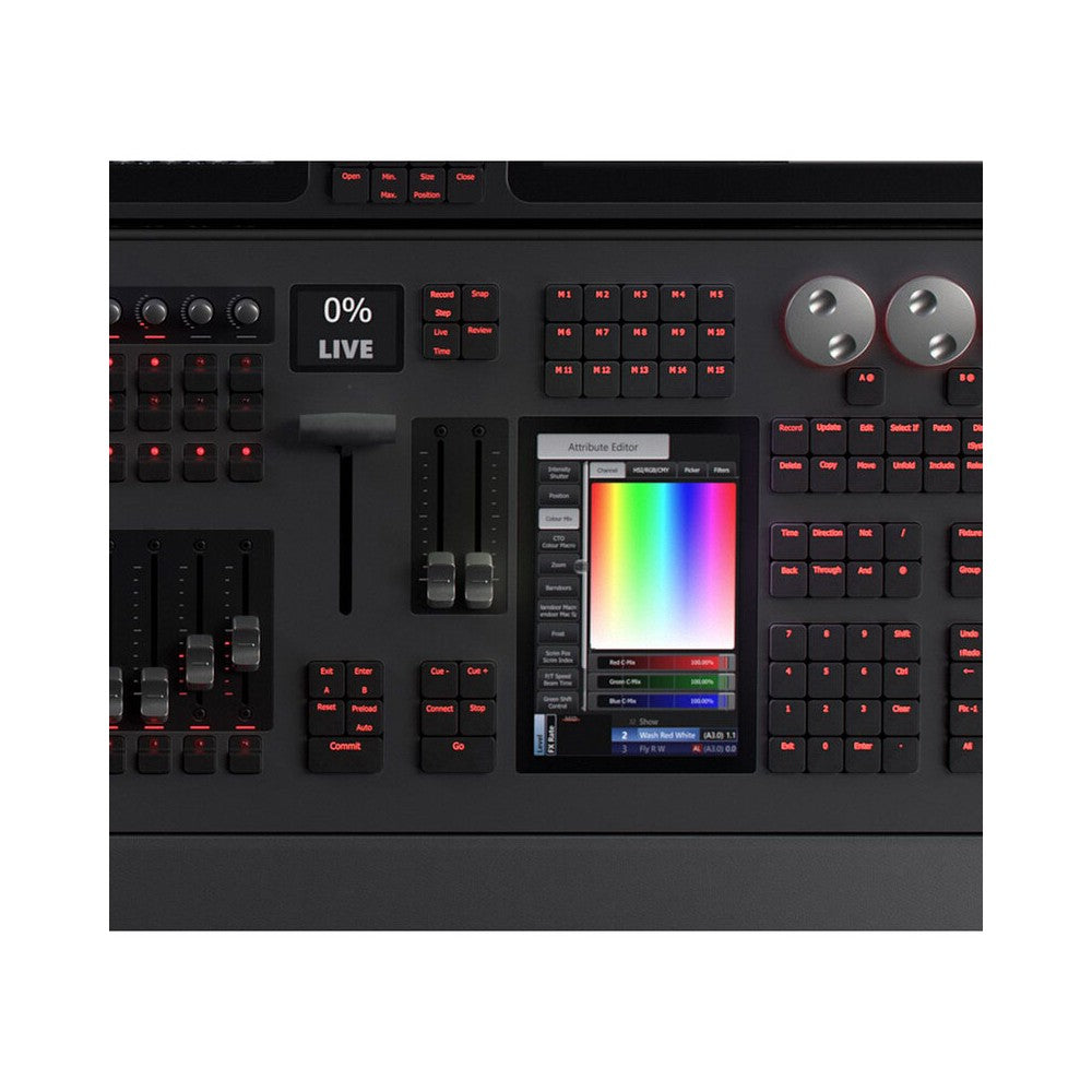 Consola de iluminación insignia Avolites de 30 + 2 faders motorizados y 70 codificadores rotatorios ópticos asignables, enviada en un cajón de madera
