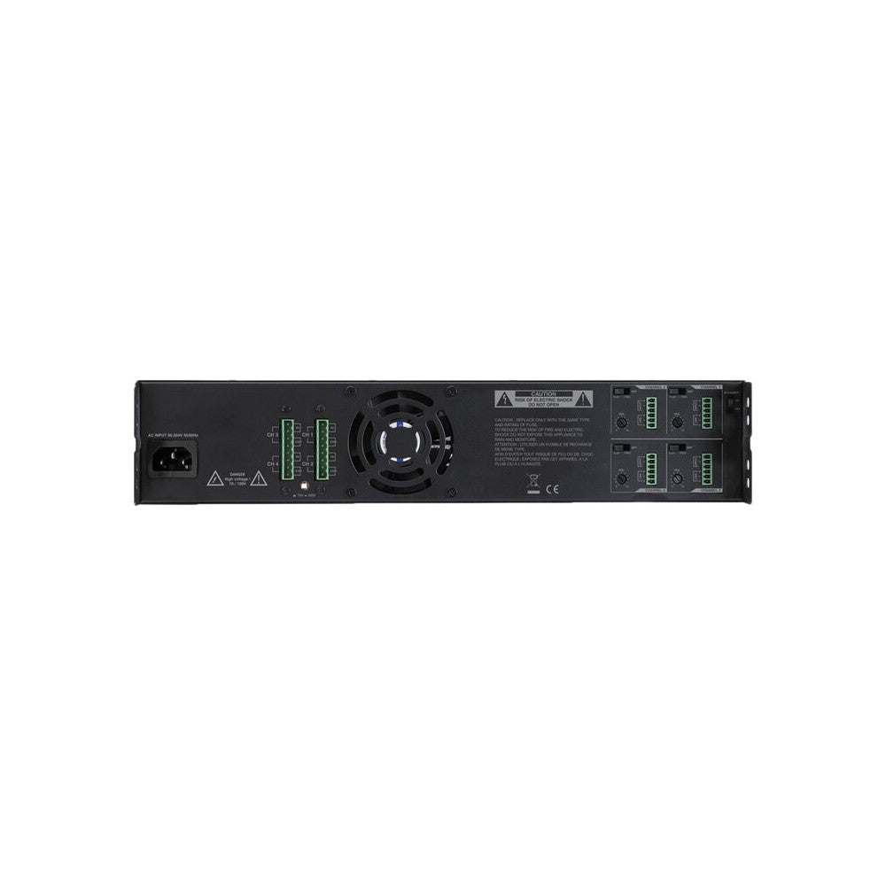 Audiophony PA Compacto, ligero, amplificador principal en línea de 4 x 300 W 70/100 V, Clase-D, refrigeración termorregulada, HPF 80 Hz, fro