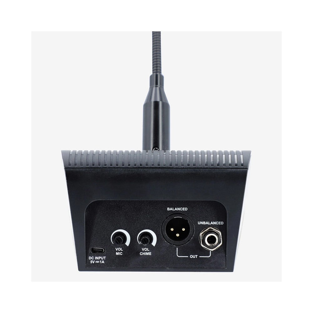 Audiophony PA Compact desktop paging microphone with built‑in chime, intuitive push‑to‑talk control, dual outputs, easy integrat