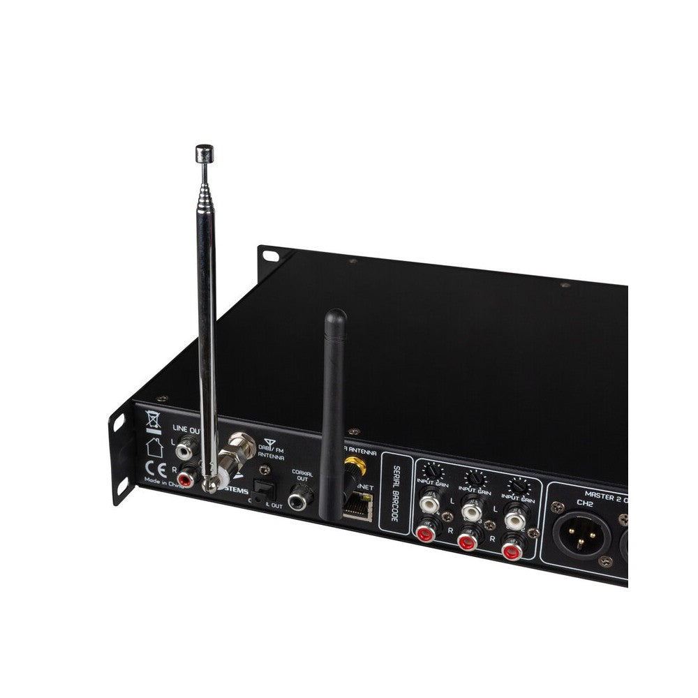 JB Systems Reproductor de audio todo en uno FM / web / network / USB / BT, 2 x 250 W RMS a 4 ohmios, 1 x salida previa balanceada