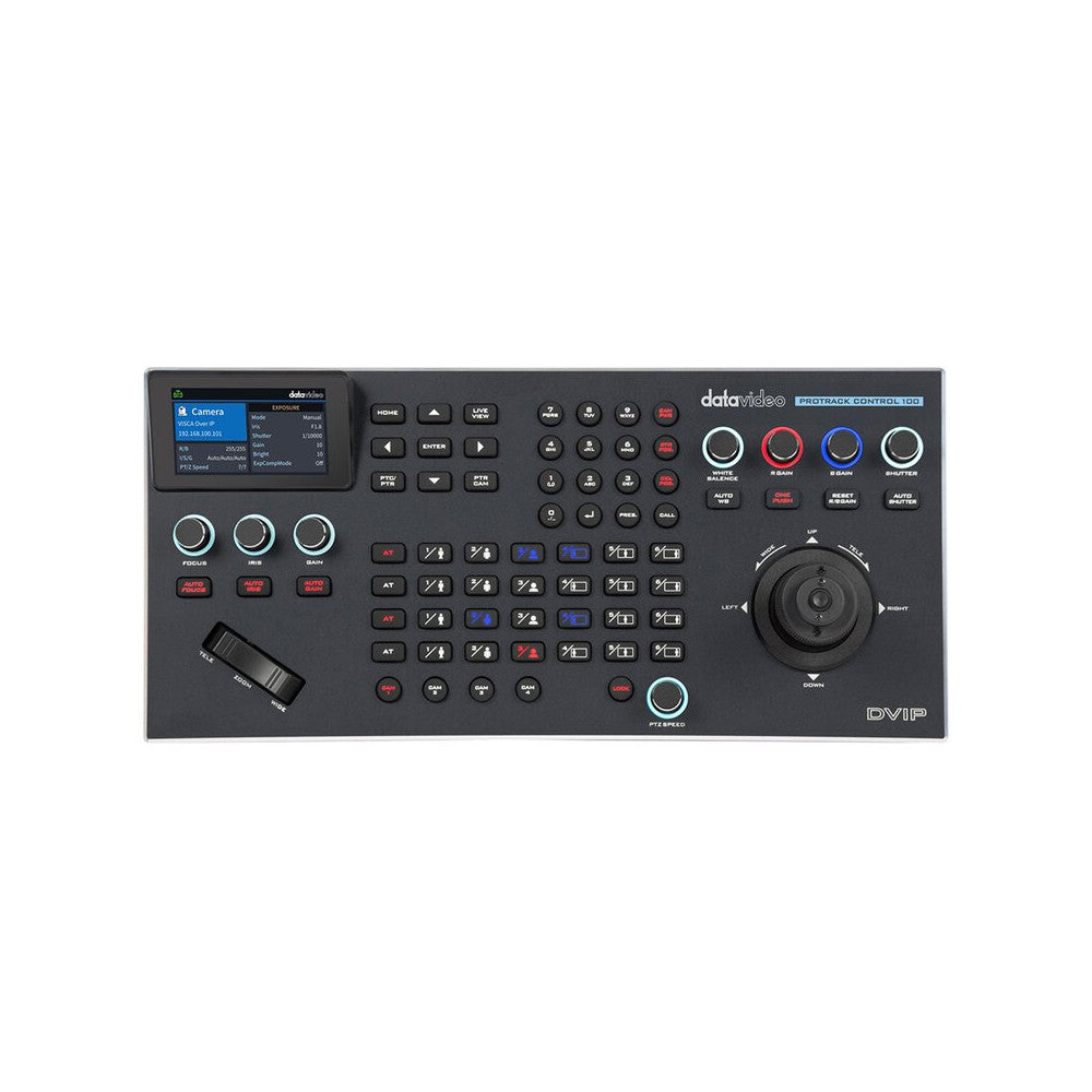 Datavideo PTZ camera controller, serial and IP control, supports live preview with HDMI output, WebUI, rockerswitch and 4-axis J