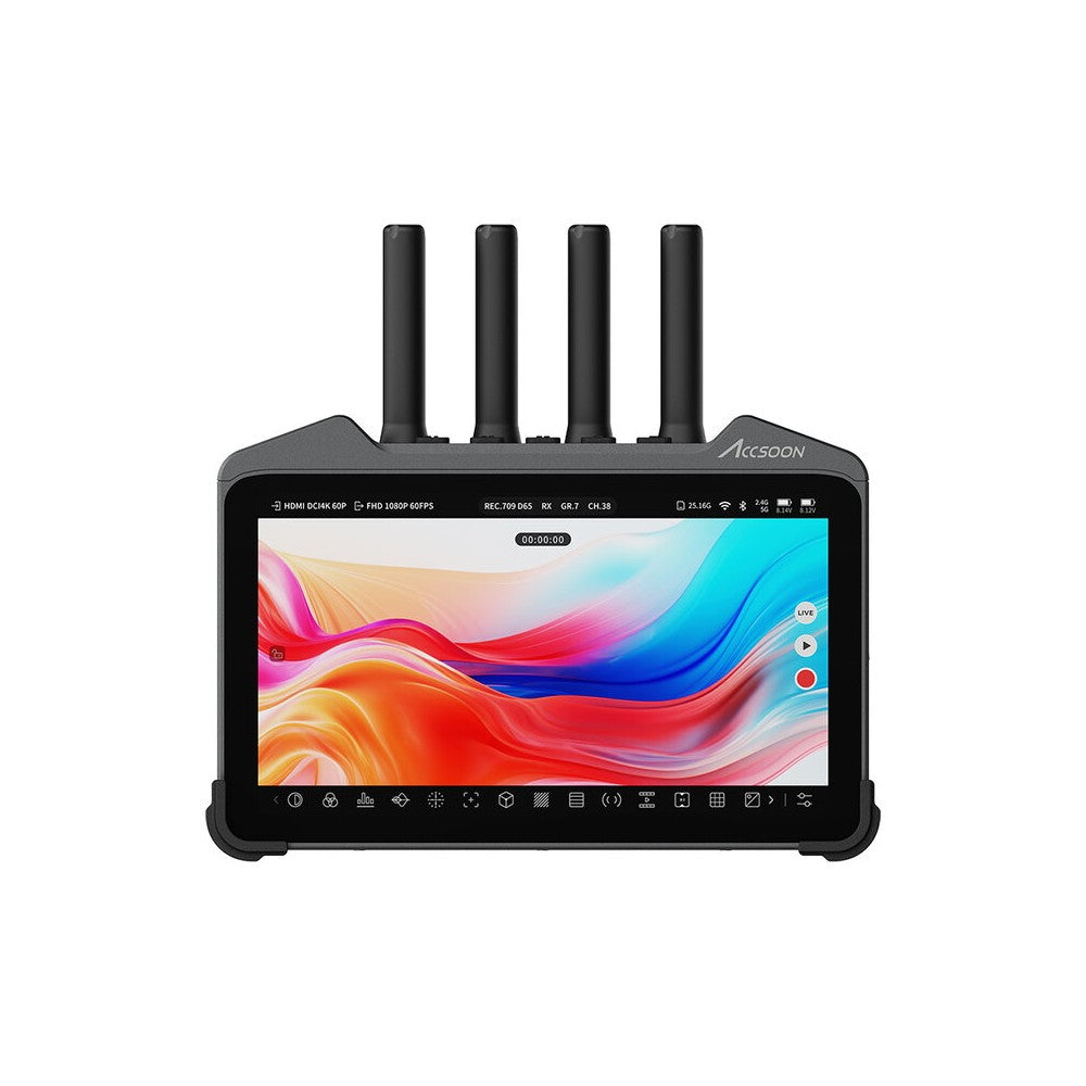 ACCSOON 7" smart monitor with a LCD touchscreen, wireless video transmission and reception, internal video recording, HDMI conne
