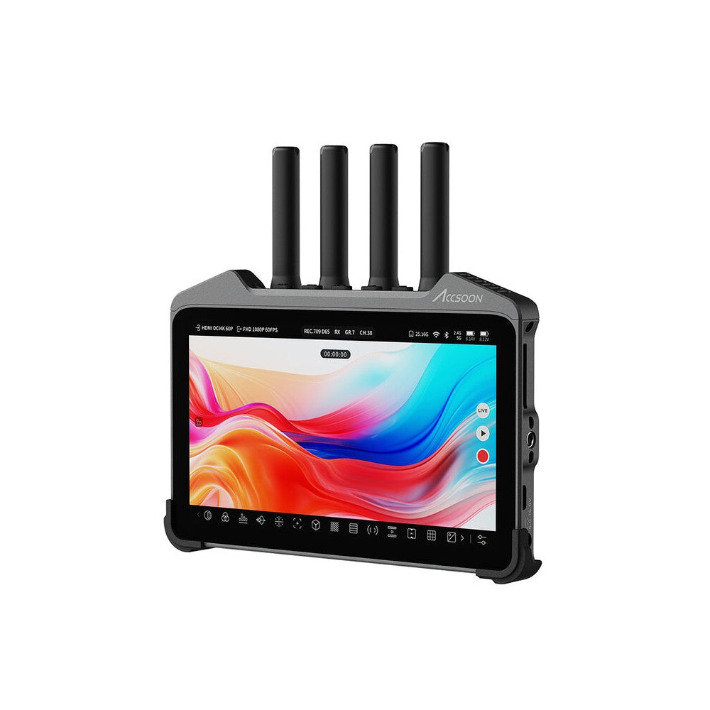 ACCSOON 7" smart monitor with an LCD touchscreen, wireless video transmission and reception, internal video recording, HDMI conne