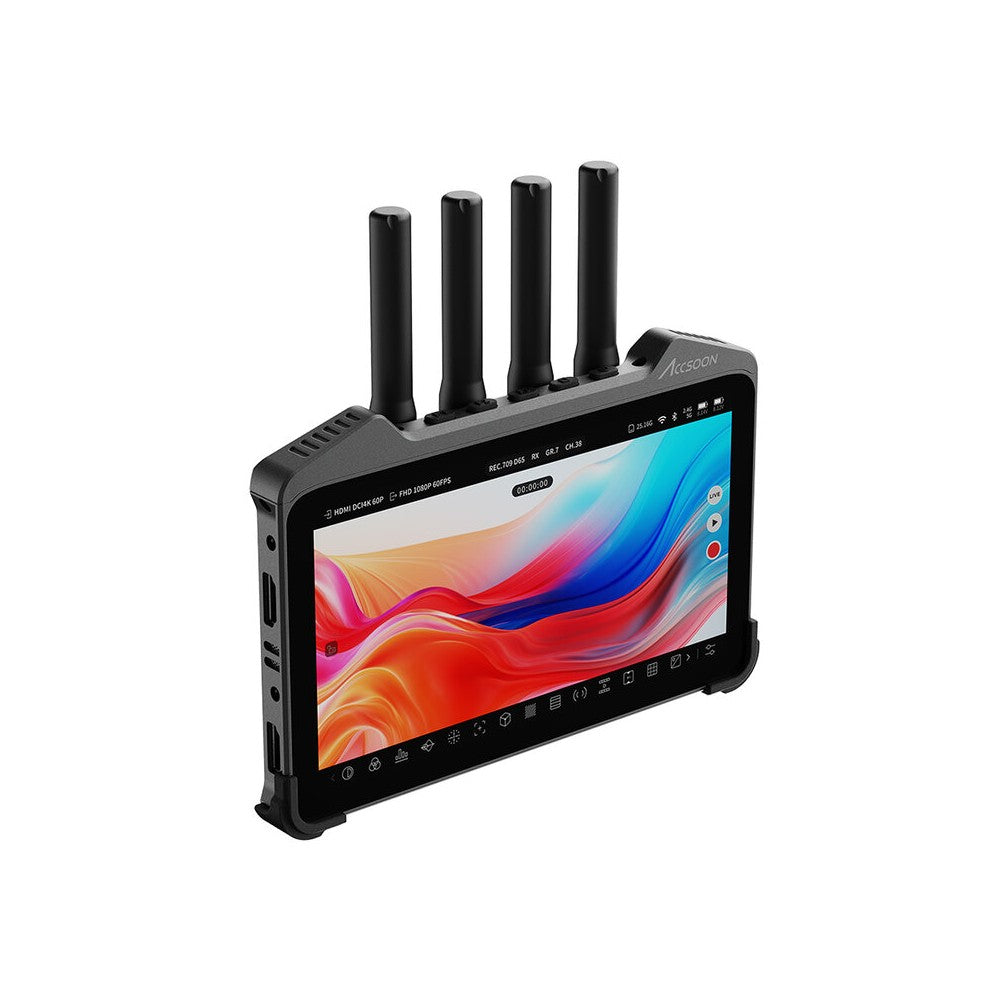 ACCSOON 7" smart monitor with an LCD touchscreen, wireless video transmission and reception, internal video recording, HDMI conne