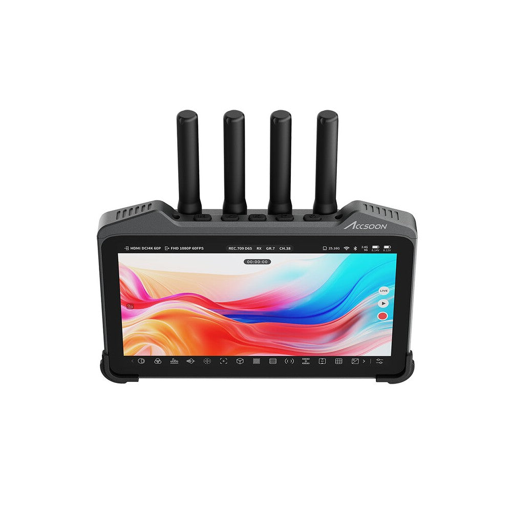 ACCSOON 7" smart monitor with an LCD touchscreen, wireless video transmission and reception, internal video recording, HDMI conne