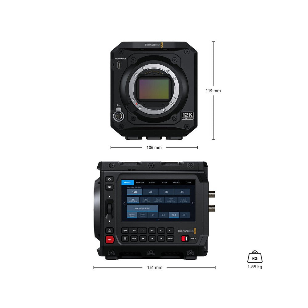 Cámara de cine digital Blackmagic Design Full-frame 12K (12288 x 8040) RGBW con 16 pasos de rango dinámico, montura L activa, doble CF