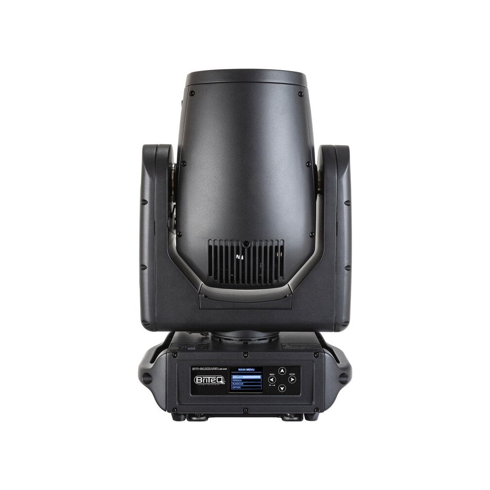 Briteq Powerful 100 W IP65 laser source moving head, ultra‑tight / high‑impact 0.5° beam, fast 16‑bit movements, CMY color mixin