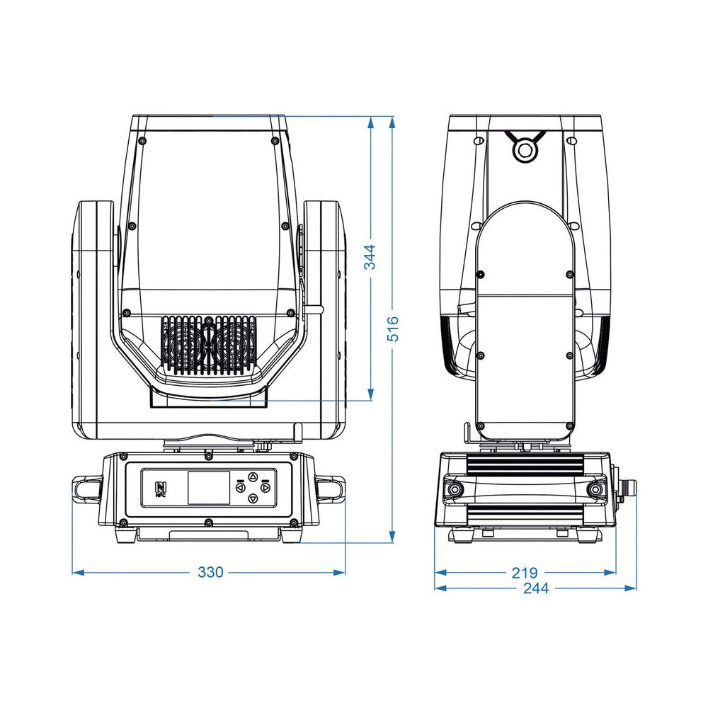 Briteq Powerful 100 W IP65 laser source moving head, ultra‑tight / high‑impact 0.5° beam, fast 16‑bit movements, CMY color mixin