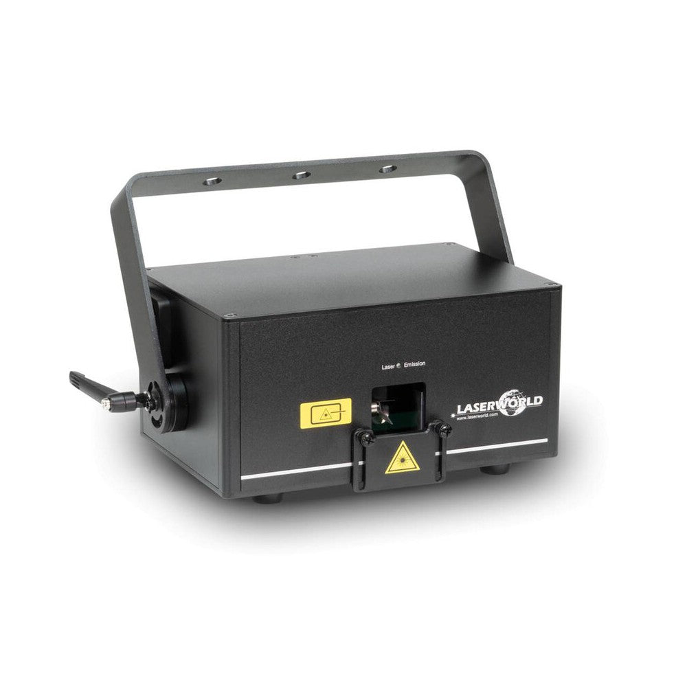 Laserworld 2500 mW RGB analog laser system with 25 kpps scanners, ILDA / DMX / sound‑to‑light control modes, sharp 5 mm / 1.2 mr