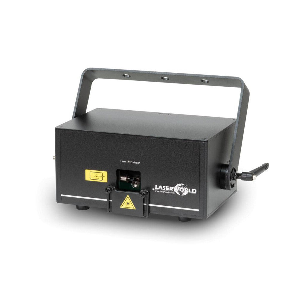 Laserworld 2500 mW RGB analog laser system with 25 kpps scanners, ILDA / DMX / sound‑to‑light control modes, sharp 5 mm / 1.2 mrad