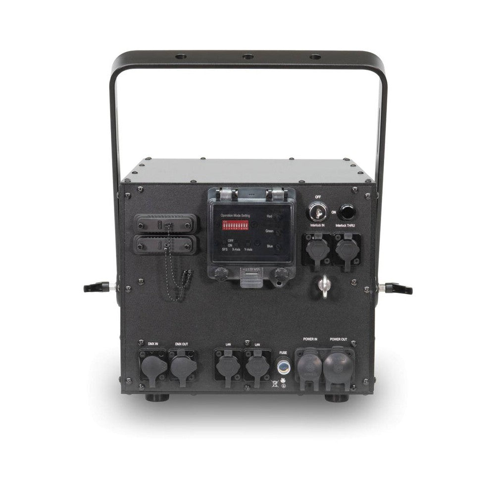 Sistema láser de diodo RGB Laserworld de 30 000 mW con carcasa exterior IP65, placa base ShowNET integrada, escáneres de 30 kpps, 5,5 mm /