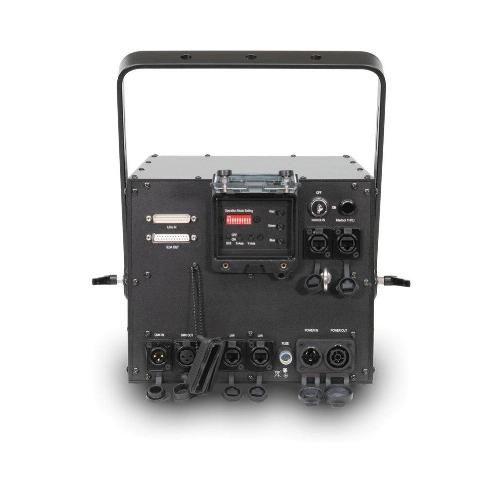 Sistema láser de diodo RGB Laserworld de 30 000 mW con carcasa exterior IP65, placa base ShowNET integrada, escáneres de 30 kpps, 5,5 mm /