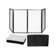 BoomTone DJ Portable 4‑panel DJ facade with black and white lycra covers, tool‑free assembly, carry bag included