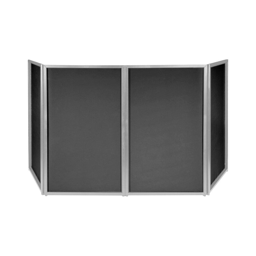 BoomTone DJ Portable 4-panel DJ facade with black and white lycra covers, tool-free assembly, carry bag included