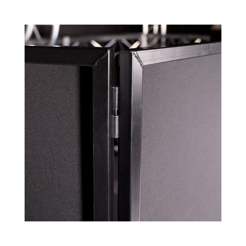 BoomTone DJ Portable 4-panel DJ facade with black and white lycra covers, tool-free assembly, carry bag included
