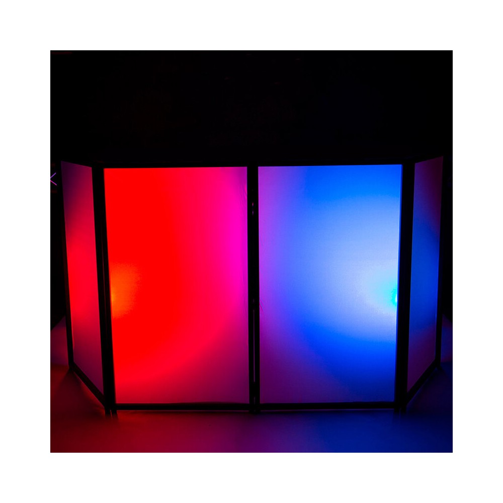 BoomTone DJ Portable 4-panel DJ facade with black and white lycra covers, tool-free assembly, carry bag included