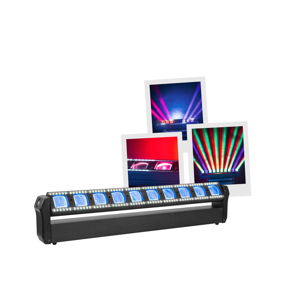 Mac Mah Motorized LED bar with 10 × 30 W RGBW beams and 120 white strobe LEDs, featuring 180° tilt, DMX control, auto/music mode