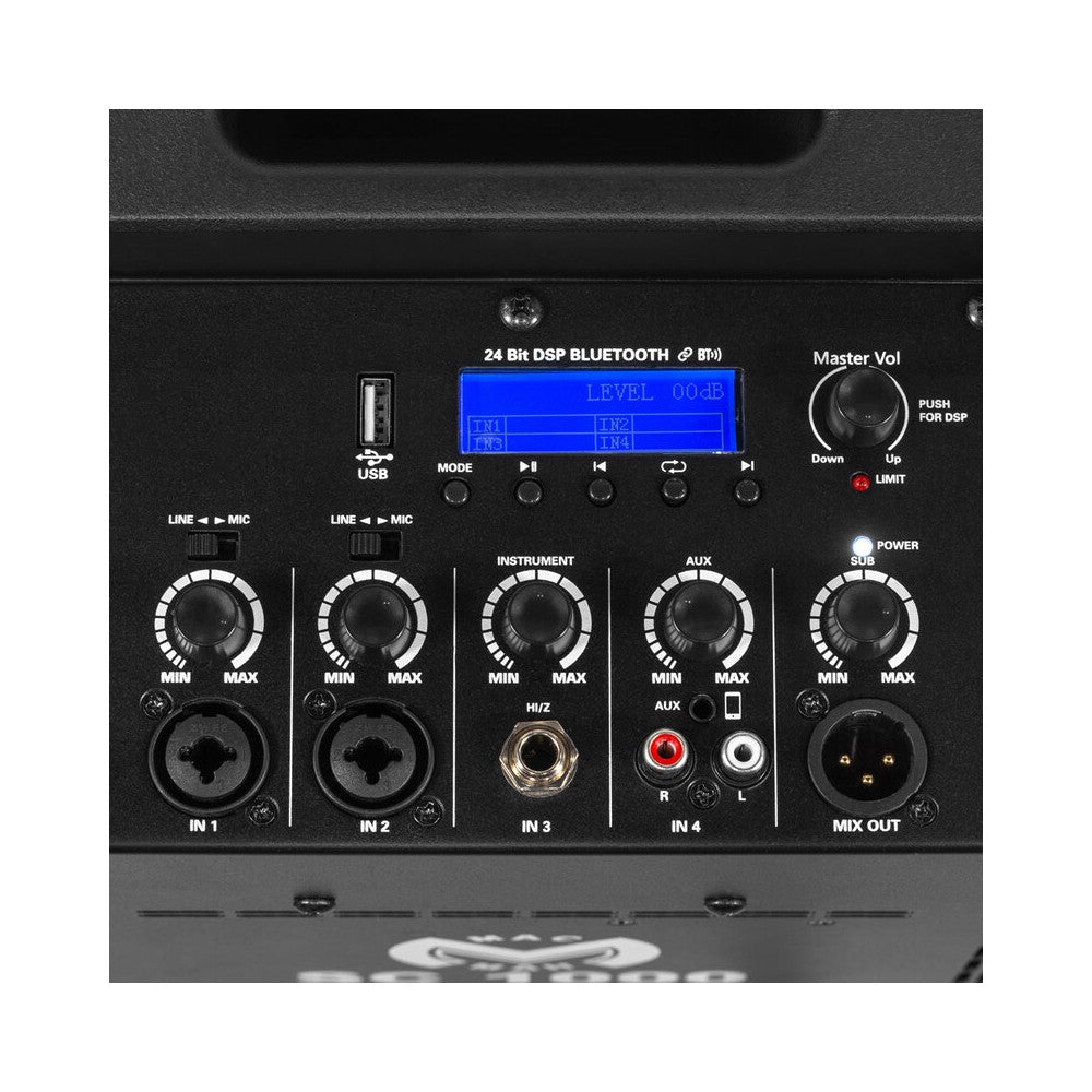 Mac Mah 1000 W floorstanding PA system with DSP, 12" subwoofer + 4 × 4" + 1 × 1" satellite, Bluetooth 5.2 TWS, 4-input mixer