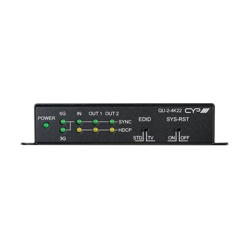 CYP QU-2-4K22 1 × 2 full 4K HDMI distribution amplifier with HDR support, HD audio formats, EDID/HDCP configuration switches, down‑scaling, CEC System Reset