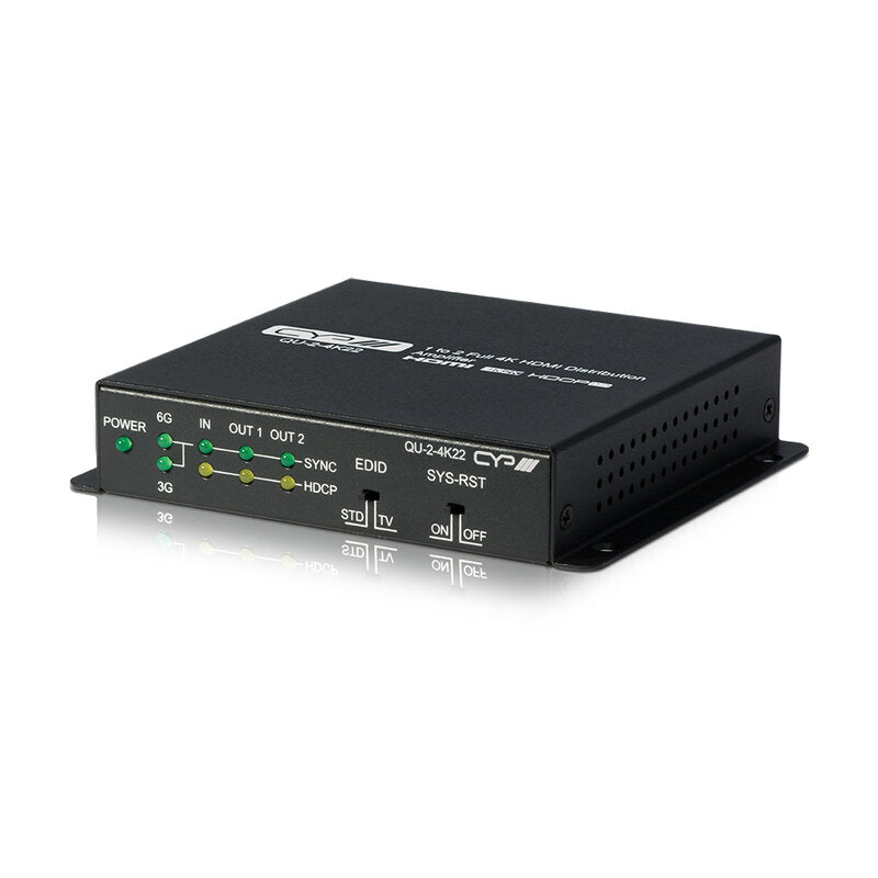 CYP QU-2-4K22 1 × 2 full 4K HDMI distribution amplifier with HDR support, HD audio formats, EDID/HDCP configuration switches, down‑scaling, CEC System Reset
