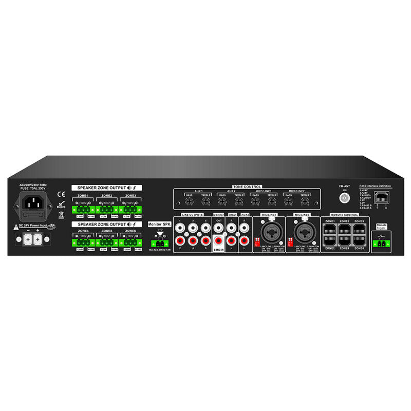 Rondson AMX-6240 6 x 240 W mixing amplifier, 19" with 24 V and music cut