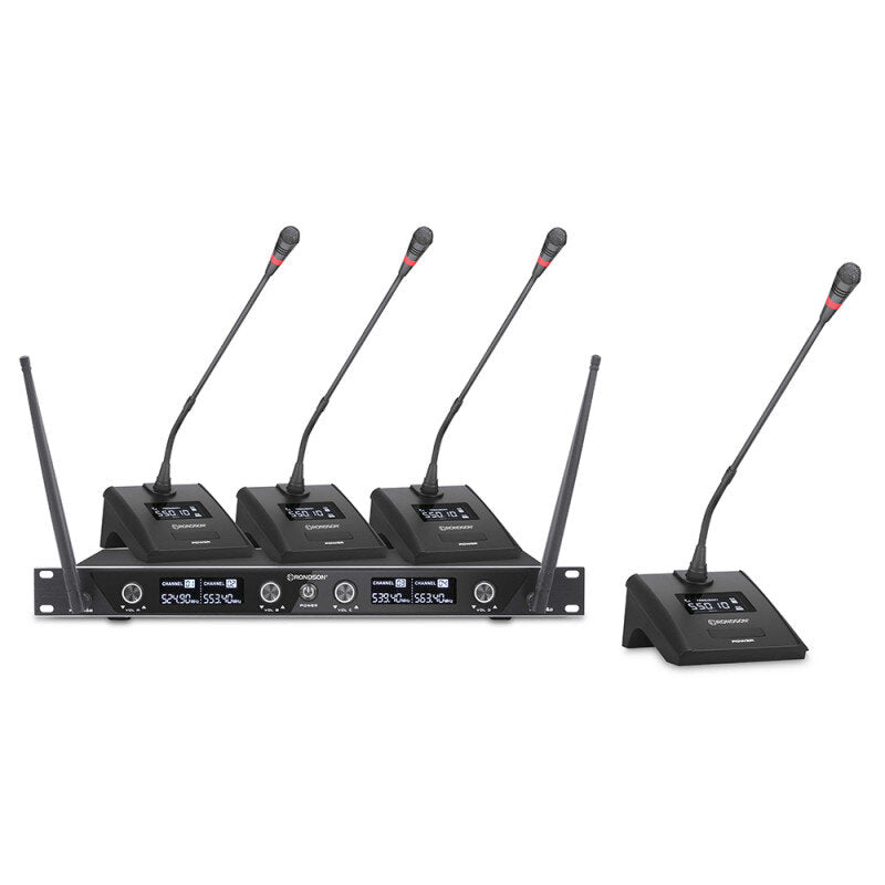 Rondson BE-10CONF Conference set consisting of 1 x BE-1040 receiver and 4 x BE-10MIC, 669.1 / 655.0 / 676.6 / 663.0 MHz