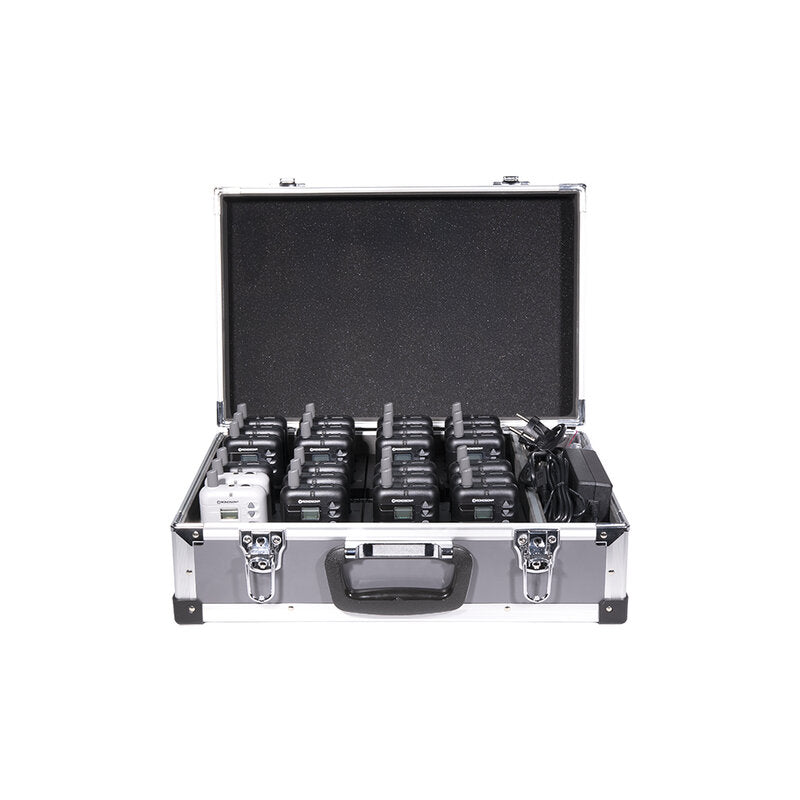 Rondson WT-300E Tour guide system pack with charger case, 2 transmitter + LM72 A, 22 receiver + EM101