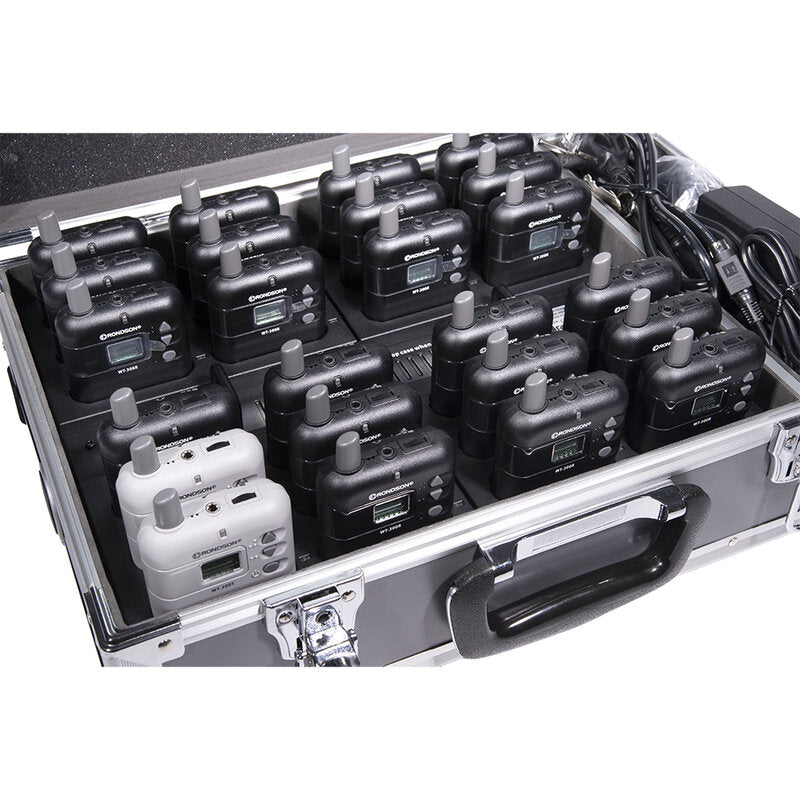 Rondson WT-300E Tour guide system pack with charger case, 2 transmitter + LM72 A, 22 receiver + EM101