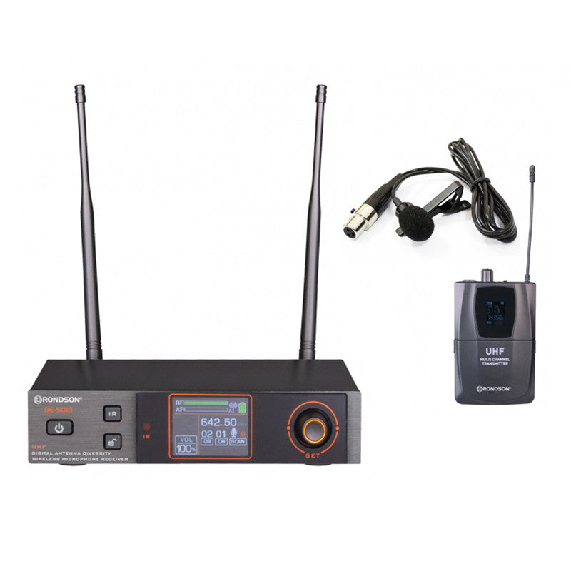 Rondson BE-5018/PT-10 UHF diversity package, transmitter box + bodypack microphone + True Diversity UHF receiver, half-rack