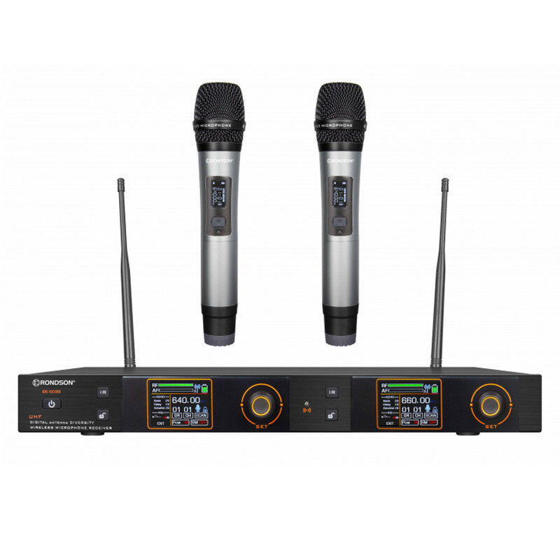 Rondson BE-5038/2H-83 UHF dual diversity package, 2 handheld microphones + dual True Diversity UHF receiver, 660 - 690 MHz