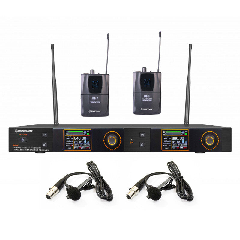 Rondson BE-5038/2PT-10 UHF dual diversity package, 2 lavalier microphones + 2 bodypack + dual UHF True Diversity receiver, 660 - 690 MHz
