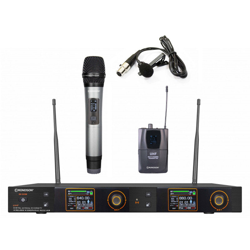 Rondson BE-5038/H-83/PT-10 UHF dual diversity package, 1 handheld HF microphone + lavalier microphone + 1 bodypack + dual UHF True Diversity receiver