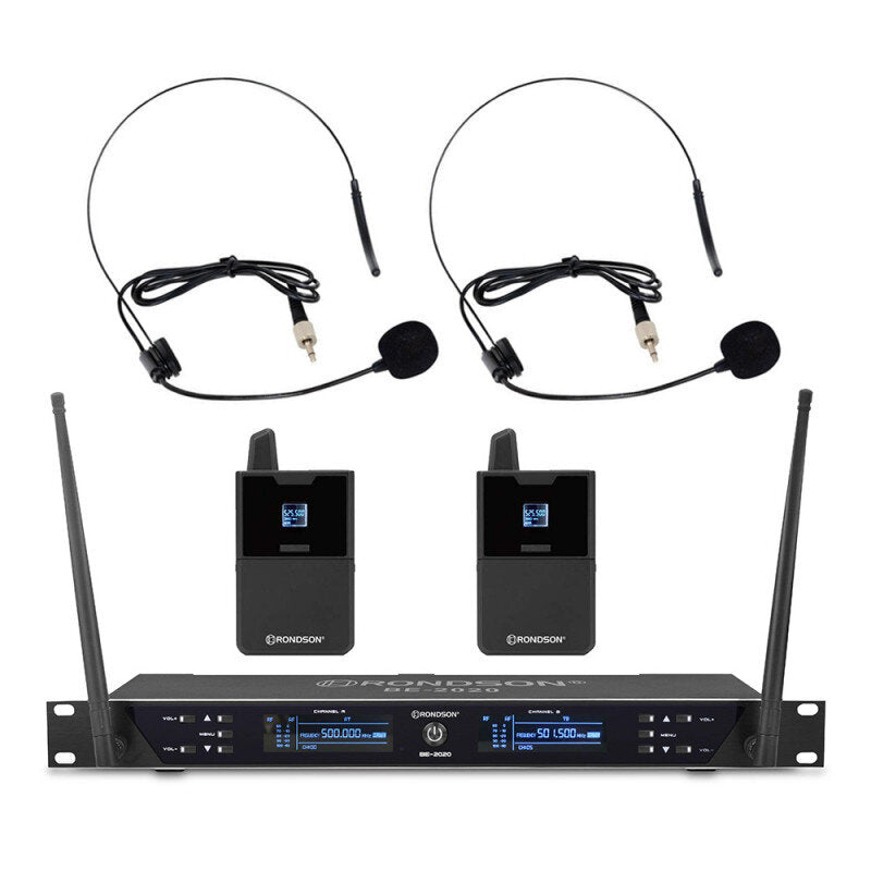 Rondson BE-2020/2BP Dual diversity UHF set, 2 bodypack with lavalier and headworn microphones, 500 - 700 MHz