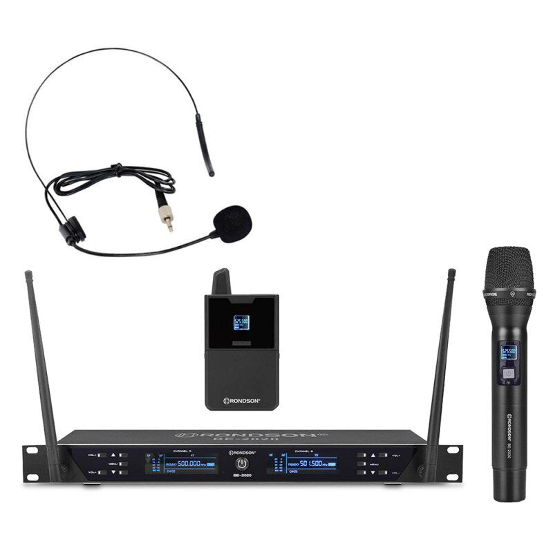 Rondson BE-2020/MIC/BP Dual diversity UHF set, 1 handheld microphone and 1 bodypack with lavalier and headworn microphones, 500 - 700 MHz