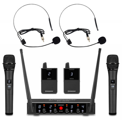 Rondson BE-2040/2MIC/2BP 4-channel diversity UHF set, 2 handheld microphones and 2 bodypack with lavalier and headworn microphones with receiver, 500 - 700 MHz