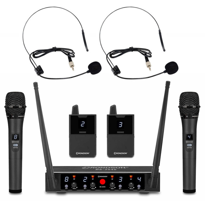 Rondson BE-2040/2MIC/2BP 4-channel diversity UHF set, 2 handheld microphones and 2 bodypack with lavalier and headworn microphones with receiver, 500 - 700 MHz