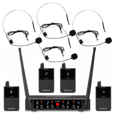 Rondson BE-2040/4BP 4-channel diversity UHF set, 4 bodypack with lavalier and headworn microphones with receiver, 500 - 700 MHz