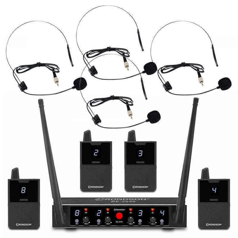 Rondson BE-2040/4BP 4-channel diversity UHF set, 4 bodypack with lavalier and headworn microphones with receiver, 500 - 700 MHz