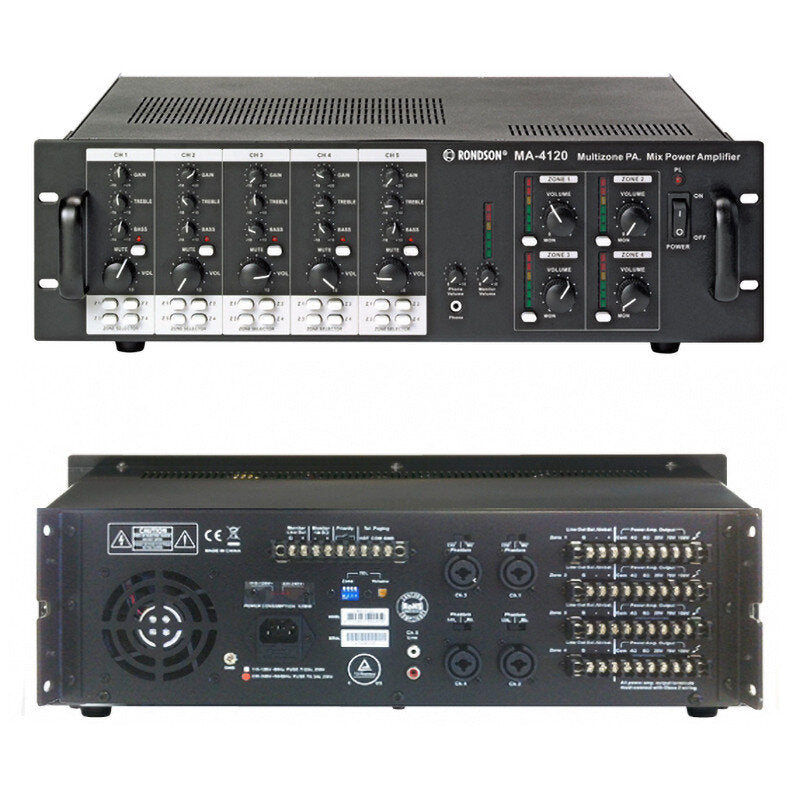 Rondson MA-4120 4 x 120 W 4-zone matrix mixing amplifiers, 4 - 8 ohm, 70 / 100 V, 19" 3U