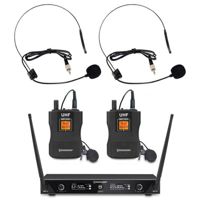 Rondson BE-1020/2BP-1 664.1 / 687.1 MHz dual diversity UHF set, 2 bodypack with lavalier and headworn microphones + receiver