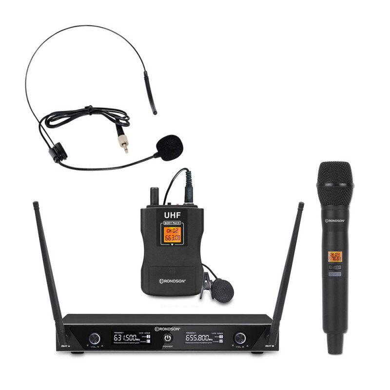 Rondson BE-1020/MIC/BP-3 655 / 669 MHz dual diversity UHF set, 1 handheld microphone and 1 bodypack with lavalier and headworn microphones + receiver