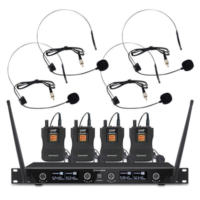 Rondson BE-1040/4BP-3 501.0 / 511.5 / 524.0 / 538.5 MHz 4-channel diversity UHF set, 4 bodypack with lavalier and headworn microphones + receiver