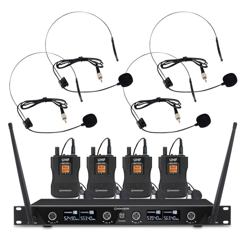 Rondson BE-1040/4BP-1 506.0 / 517.5 / 531.0 / 546.5 MHz 4-channel diversity UHF set, 4 bodypack with lavalier and headworn microphones + receiver
