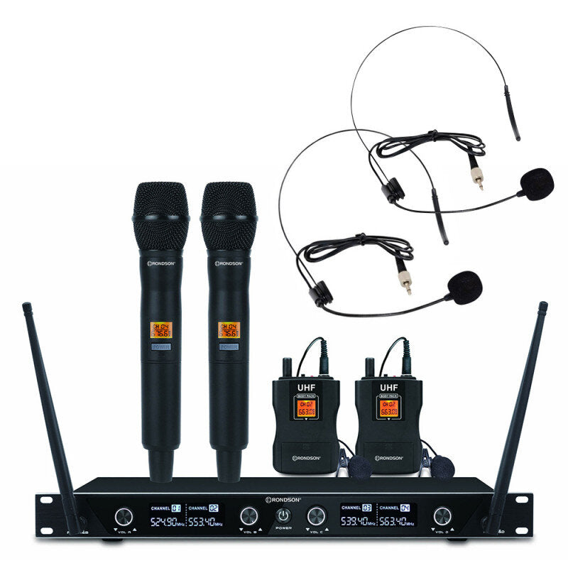 Rondson BE-1040/2MIC/2BP-1 506.0 / 517.5 / 531.0 / 546.5 MHz 4-channel diversity UHF set, 2 handheld microphones and 2 bodypack with lavalier and headworn microphones