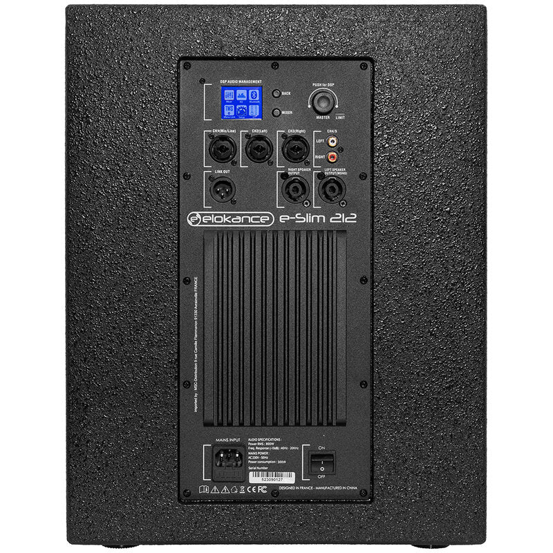 Elokance E-SLIM 212 ELOKANCE 1600 W active sound system with 12" subwoofer and 2 "slim" columns satellites with 4 x 3" drivers each