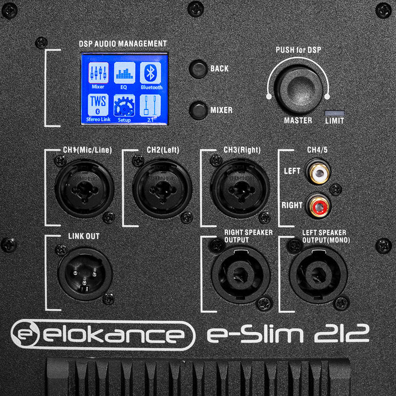 Elokance E-SLIM 212 ELOKANCE 1600 W active sound system with 12" subwoofer and 2 "slim" columns satellites with 4 x 3" drivers each