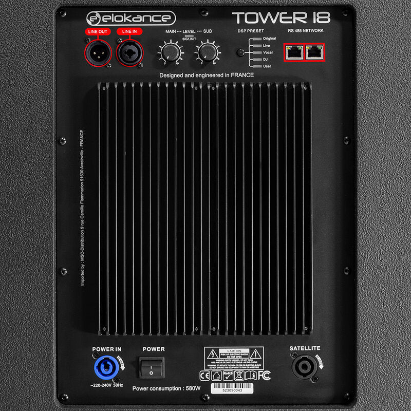 Elokance Tower 18 3400 W max. PA professional loudspeaker, 1 x  46 cm subwoofer,  4 x 8" mid-range speakers, 1 x 1,5" tweeter, SPL max. 141 dB