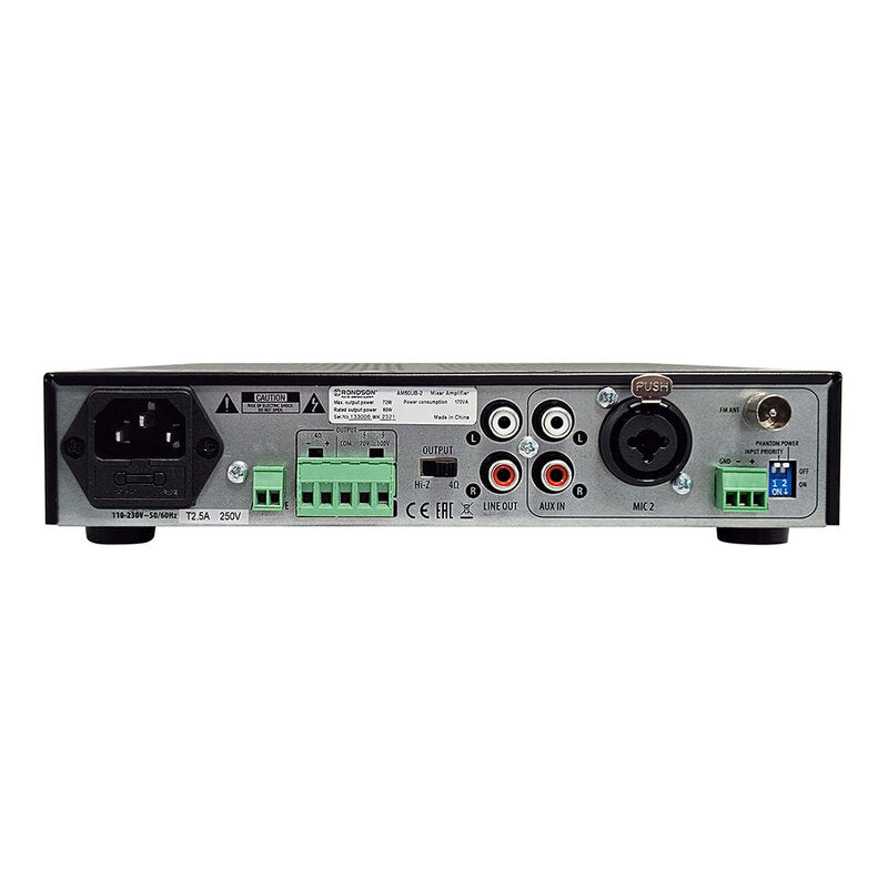 Rondson AM120UB-2 120 W compact  receiver mixer, standard 70 / 100 V and 4 ohm operation for low impedance, tuner, USB / SD player and built-in Bluetooth