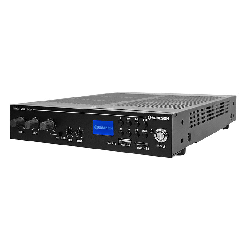 Rondson AM120UB-2 120 W compact  receiver mixer, standard 70 / 100 V and 4 ohm operation for low impedance, tuner, USB / SD player and built-in Bluetooth